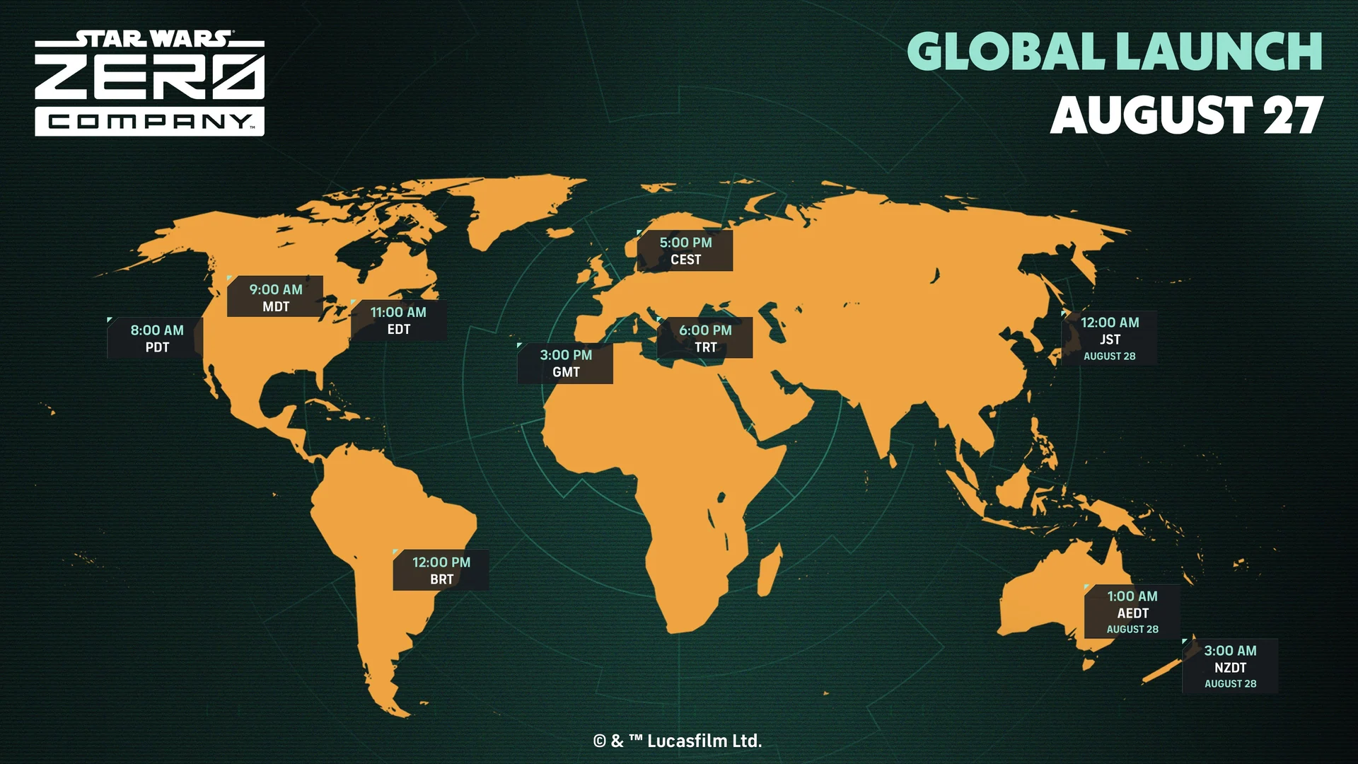 Star Wars Zero Company regional launch times on a world map