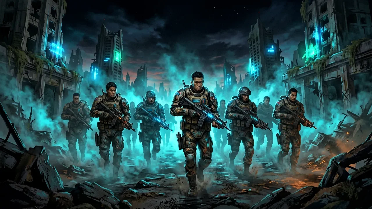A Zero Company squad fighting through an urban battlefield