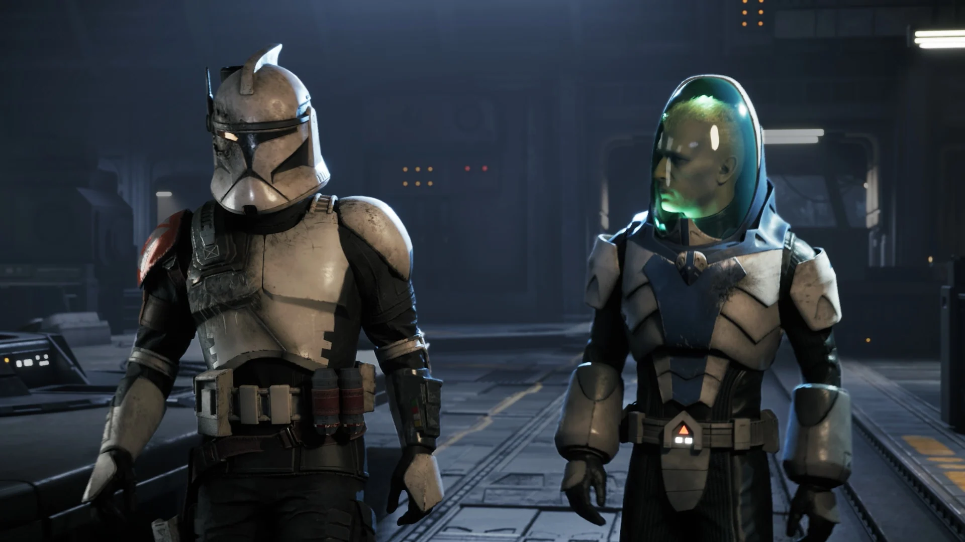 A clone trooper and a custom alien operator inside a ship